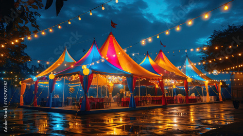 Colorful wedding tents at night. Wedding day. photo