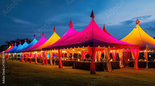 Colorful wedding tents at night. Wedding day. photo