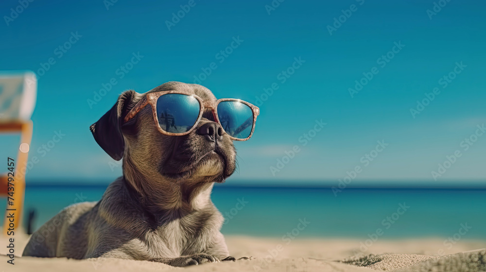 Funny portrait of a dog in sunglasses