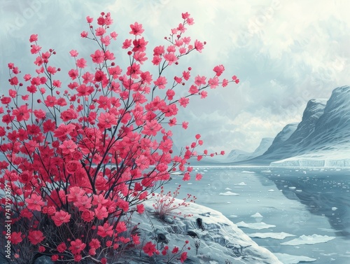In a post glacial world maroon hues paint the new landscapes where life blossoms amidst retreating ice photo