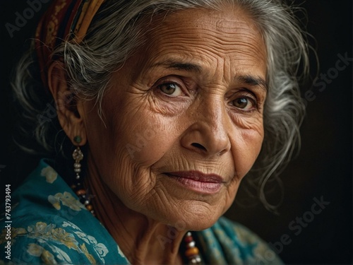 A graceful senior woman with a radiant smile and a hint of wisdom in her wrinkled face, donning a stunning blue dress and accessorized with a delicate necklace, exuding confidence and style