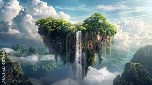 Fantasy landscape of a floating island with lush greenery  cascading waterfalls  and surrounding clouds against a bright sky.