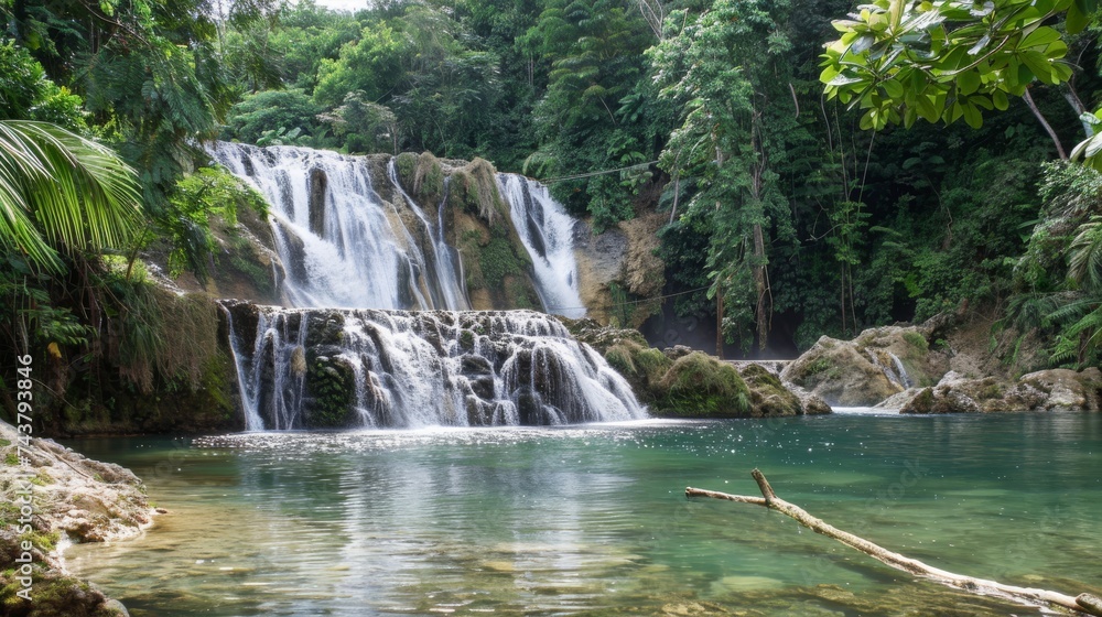 A tranquil tropical waterfall cascades into a serene pool surrounded by lush green foliage in a picturesque jungle setting. A tranquil tropical waterfall cascades into a serene pool surrounded by lush green foliage in a picturesque jungle setting.