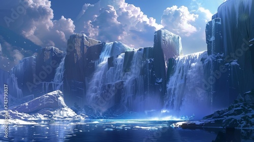 Fantasy-inspired landscape depicting majestic frozen waterfalls surrounded by snow-covered cliffs under a cloud-filled sky.