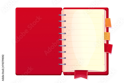 Red Diary, bright school note book top view isolated on white background. Book with bookmarks and spiral, daily planner.