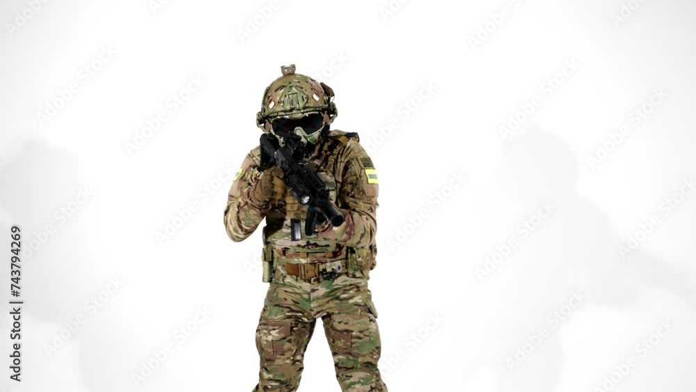 Russian team of airsoft, portrait of professional sniper with modern rifle, aiming by gun in studio Russian team of airsoft, portrait of professional sniper with modern rifle, aiming by gun in studio