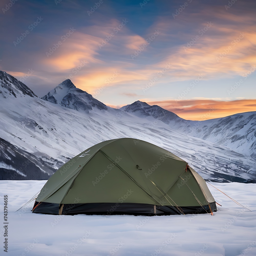 A tent in the snow with mountains in the background