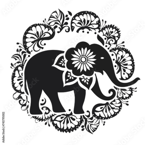 Black silhouette  tattoo of an elephant with decorations on white isolated background. Vector.