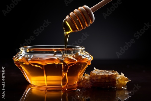 Golden sweet honey in a glass jar on a dark background. Beekeeping development concept.