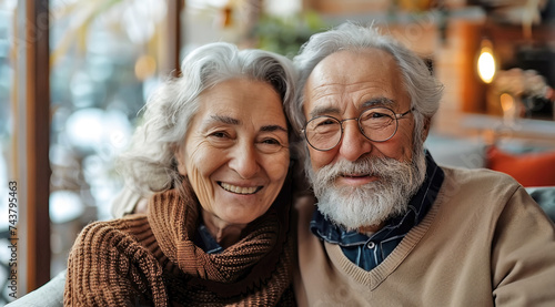 An elderly couple smiling warmly, dressed in cozy sweaters, radiating affection,ai generated