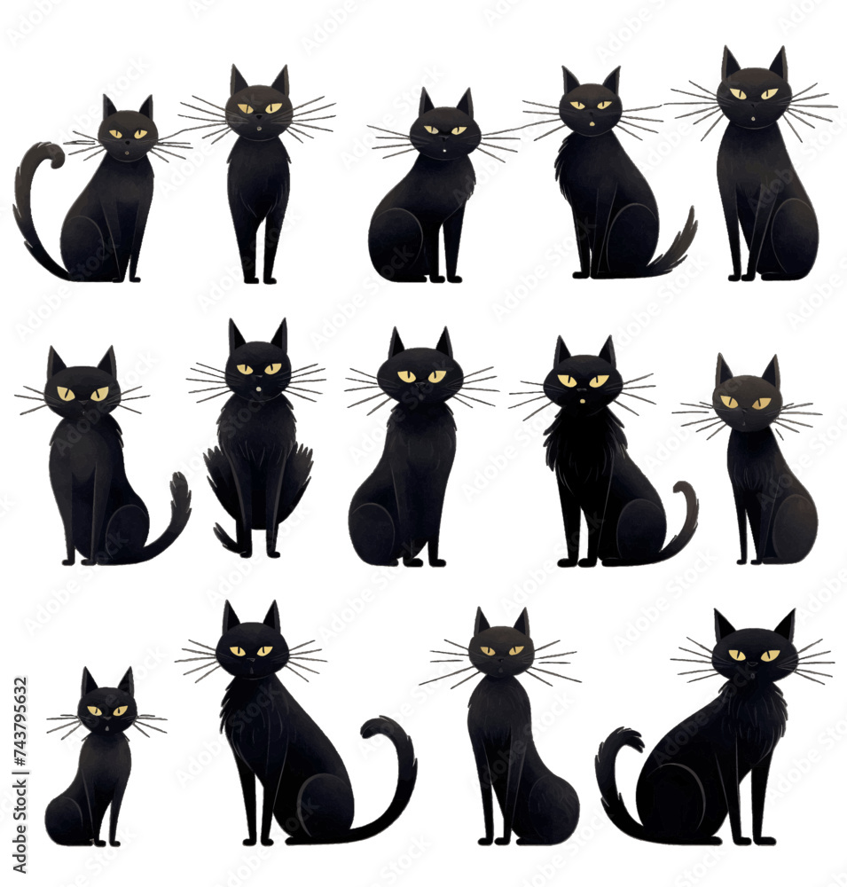 Black silhouette, tattoo of cats on white isolated background. Vector.