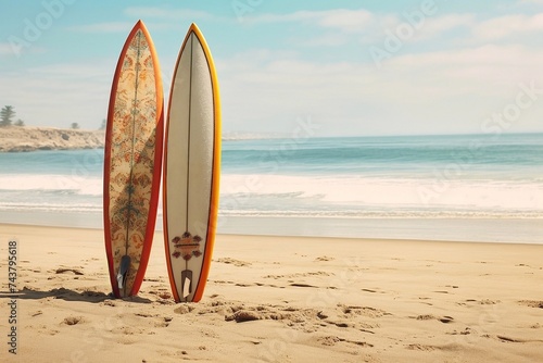 Two surfboards on the beach. Surfboards on the sand.