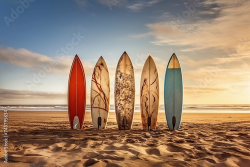 Surfboards on the beach at sunset.  © Oleh
