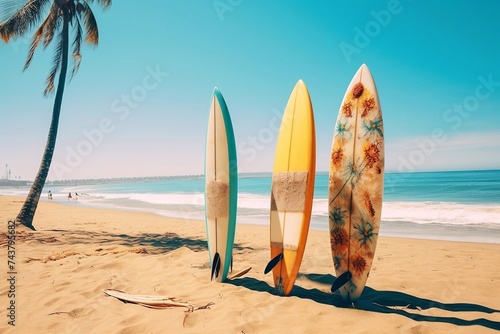 Surfboards on the beach with palm tree and blue sky background