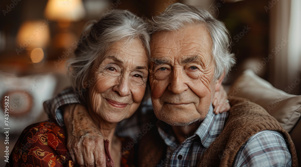 Close-up of a content elderly couple with bright smiles in a comfortable setting,ai generated Close-up of a content elderly couple with bright smiles in a comfortable setting,ai generated