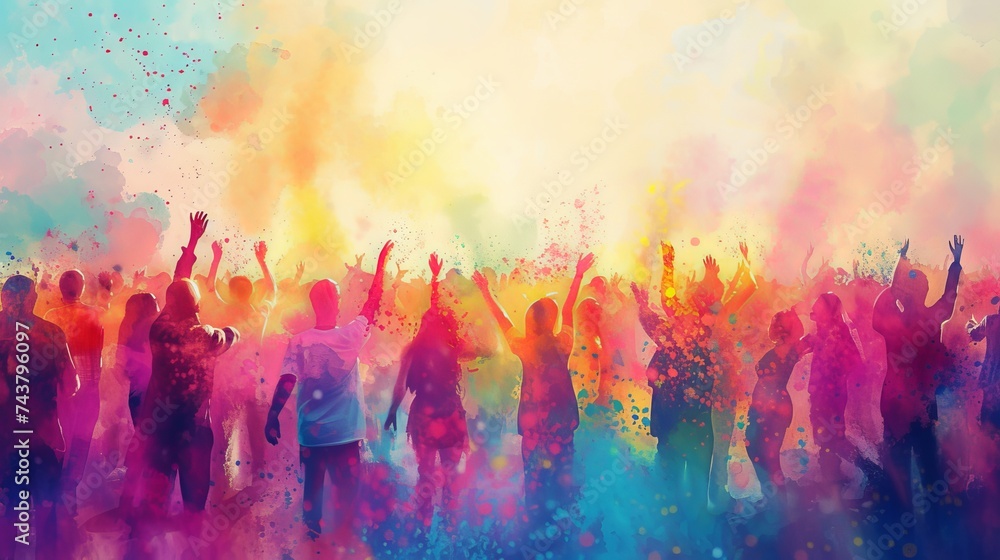 Fototapeta premium Watercolor happy people on the street in India in colored powder rejoice at the holiday, cheerful celebration of the holy festival of Holi 