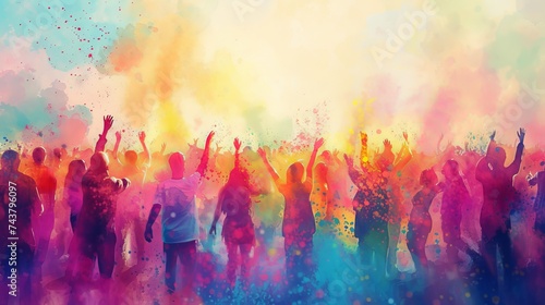 Watercolor happy people on the street in India in colored powder rejoice at the holiday, cheerful celebration of the holy festival of Holi 