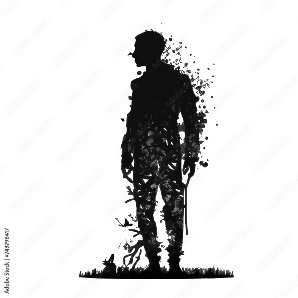 Black silhouette, tattoo of a man with branches and leaves on white isolated background. Vector.