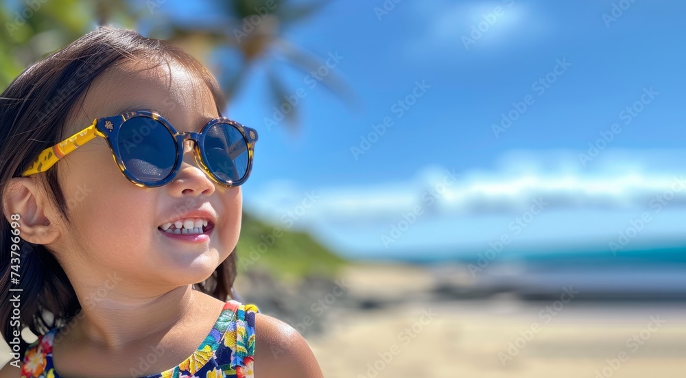 Close up happy Asian child Girl at Beach in a sunny day Close up happy Asian child Girl at Beach in a sunny day