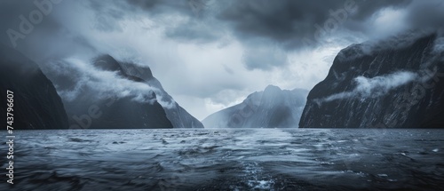 Milford Sound, New Zealand, where mountains kiss the sea under moody skies