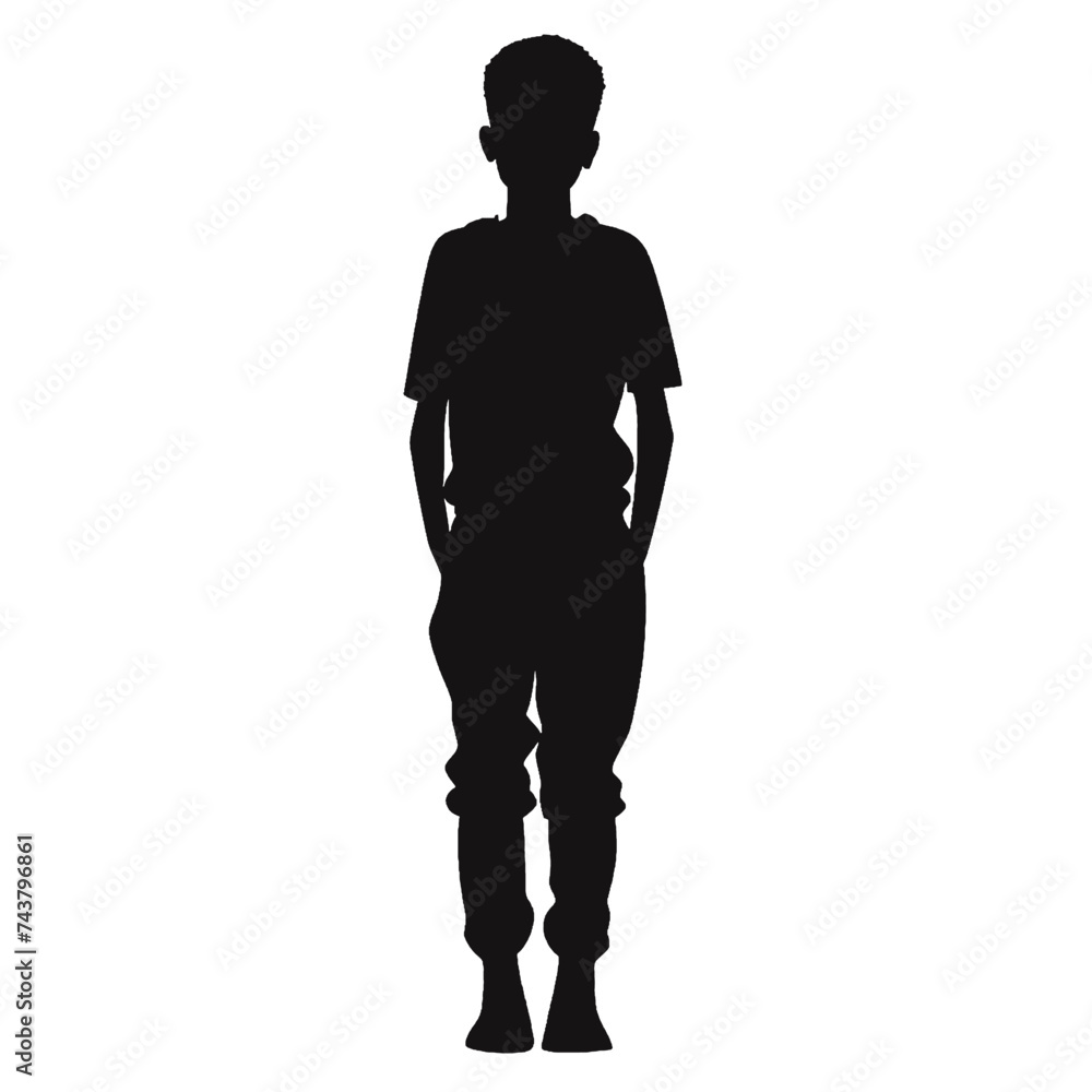 Black silhouette, tattoo of a boy with hands in pockets on white background. Vector.