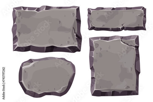Set stone game menu panels, textured ui frames interface template in comic isolated on white background.