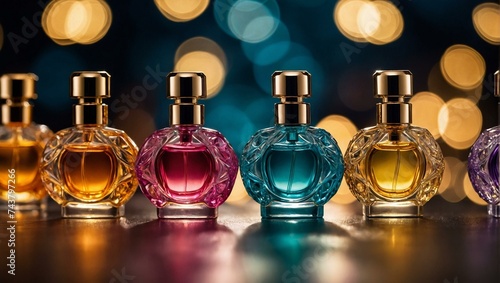 Vibrant bottles of perfumes, delicately arranged in an indoor setting, exude a sense of luxury and beauty, enticing us with their alluring scents photo