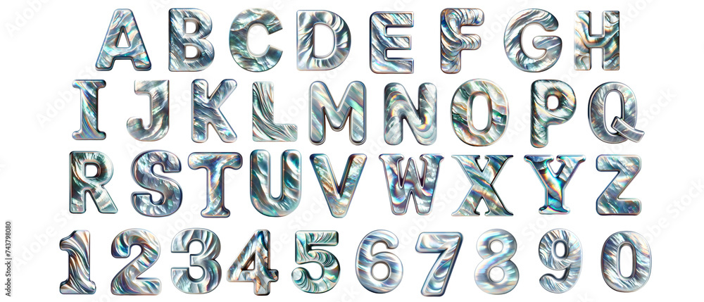The letters A-Z Number 0-9 are pearl shells. on a transparent background The letters A-Z Number 0-9 are pearl shells. on a transparent background