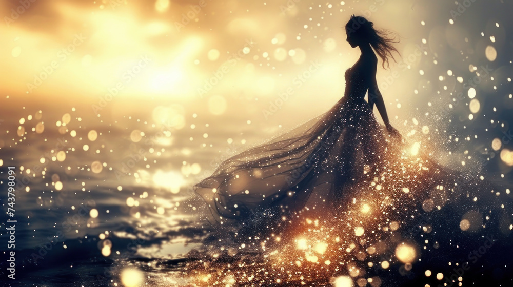 Goddess of fairy in magical dress walks on water, magical sea scene