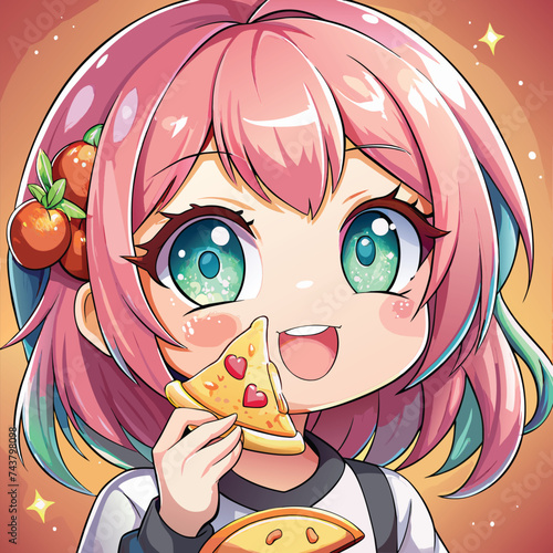 Indulge in the Irresistible: Anime Girl Savoring Every Bite of Delicious Pizza photo