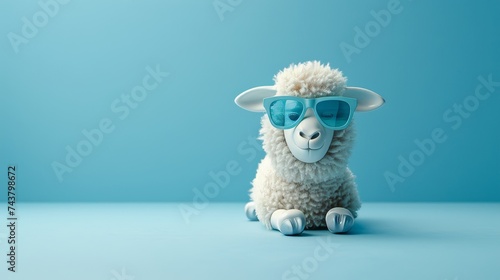 Amusing sheep with sunglasses on pastel background, copy space available for text placement