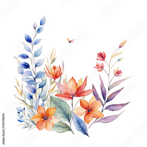 Watercolor illustration of wild flowers, watercolor clipart of colorful flowers bouquete photo