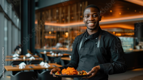 African-American server showing dish in restaurant, indoors