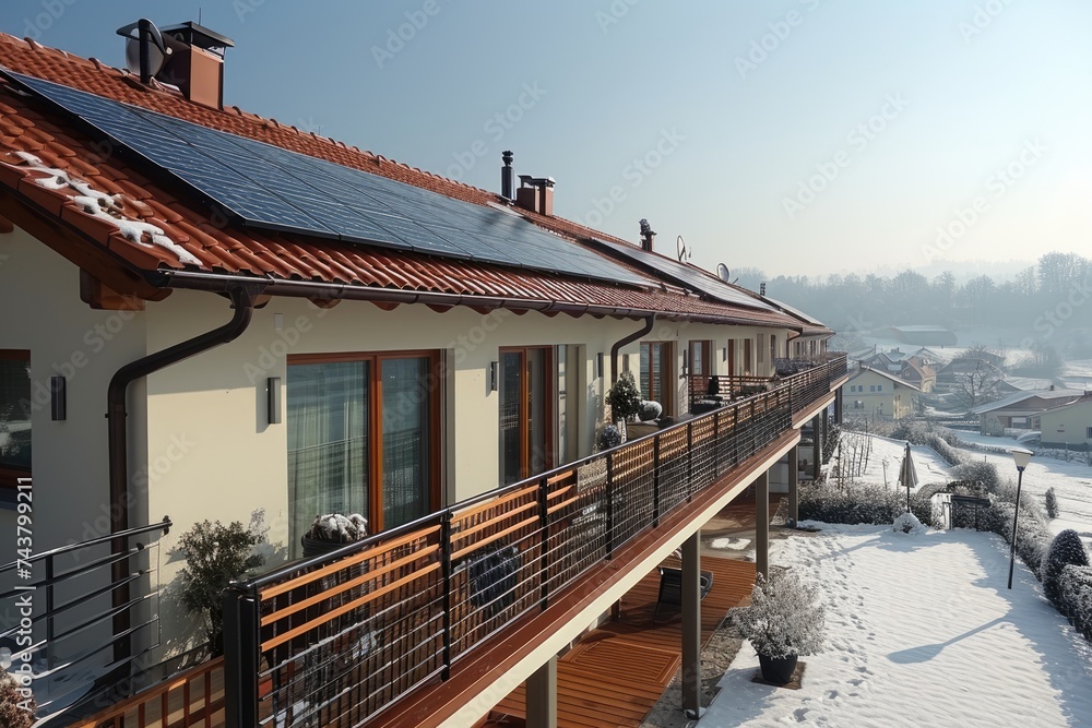 A charming house covered in a blanket of snow, with a sleek solar panel on the roof capturing sunlight to power the homes energy needs A charming house covered in a blanket of snow, with a sleek solar panel on the roof capturing sunlight to power the homes energy needs