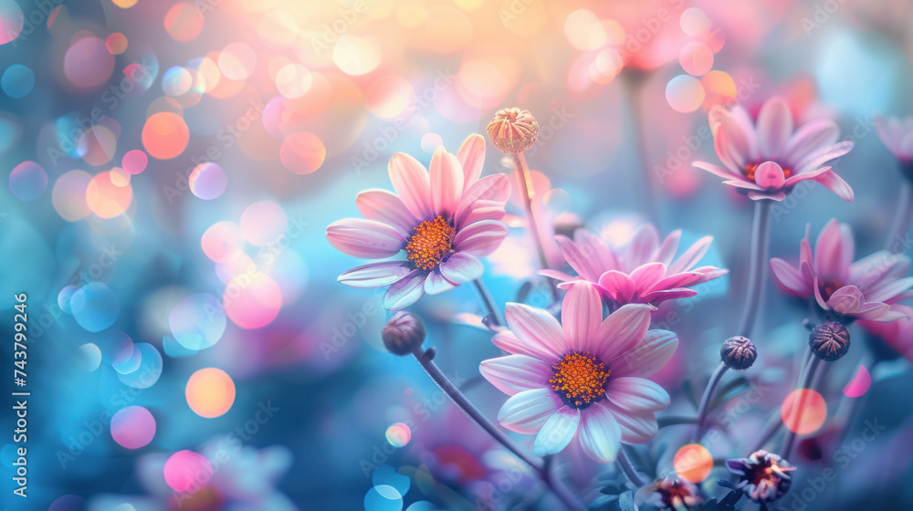 Field of wild flowers, mystical foggy morning Field of wild flowers, mystical foggy morning
