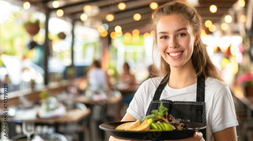 Friendly Waitress Serving Dish in Restaurant