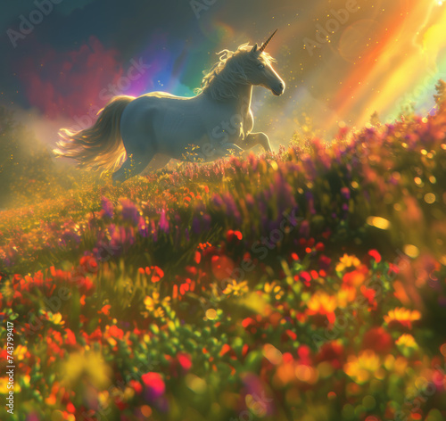 Cute unicorn in blossoming field  fairytale atmosphere