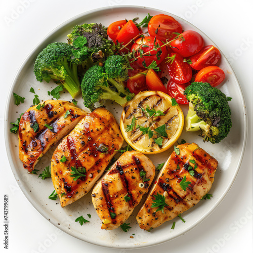 plate with grilled chicken vegetables and broccol  photo