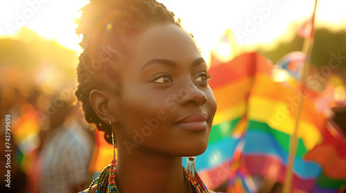 Portrait of a Confident African Woman at LGBTQ Pride Event with Rainbow Flag