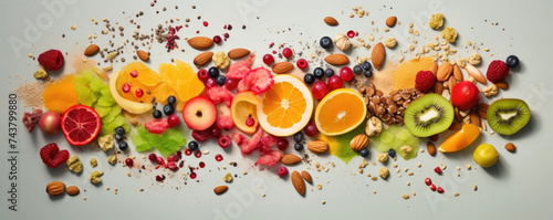 Top view photo of mix of fresh fruit and nuts on white background  healthy food concept