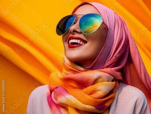 modern colorful stylish outfit photoshoot of a muslim hijab woman in dynamic shot happy and positive for modest trendy arab women fashion as wide banner with copysapce area  © Johannes