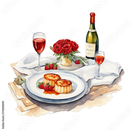 Romantic dinner arranged on table, watercolor clip art of Luxury romantic dinner with red roses vase, and vine