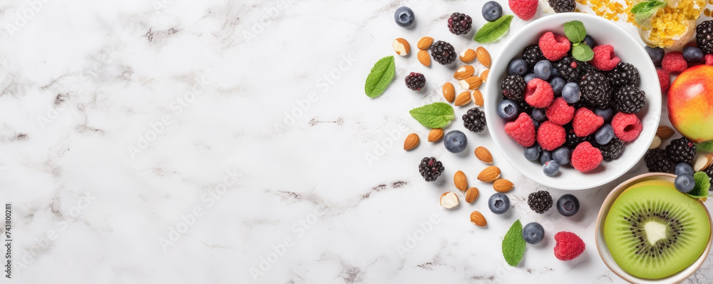 Top view photo of mix of fresh fruit and nuts on white background, healthy food concept - obrazy, fototapety, plakaty 