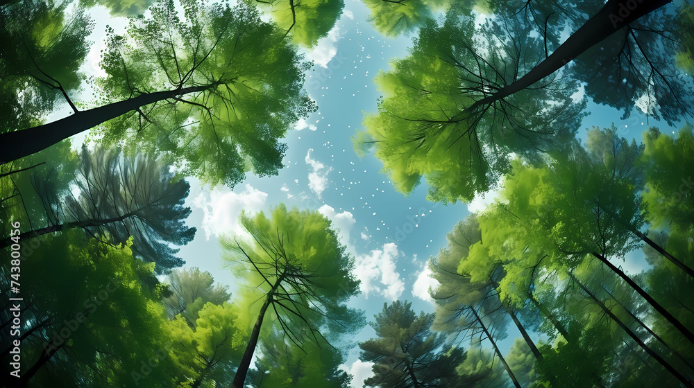 Fototapeta premium Green leaves and sky, clear blue sky and green trees seen from below