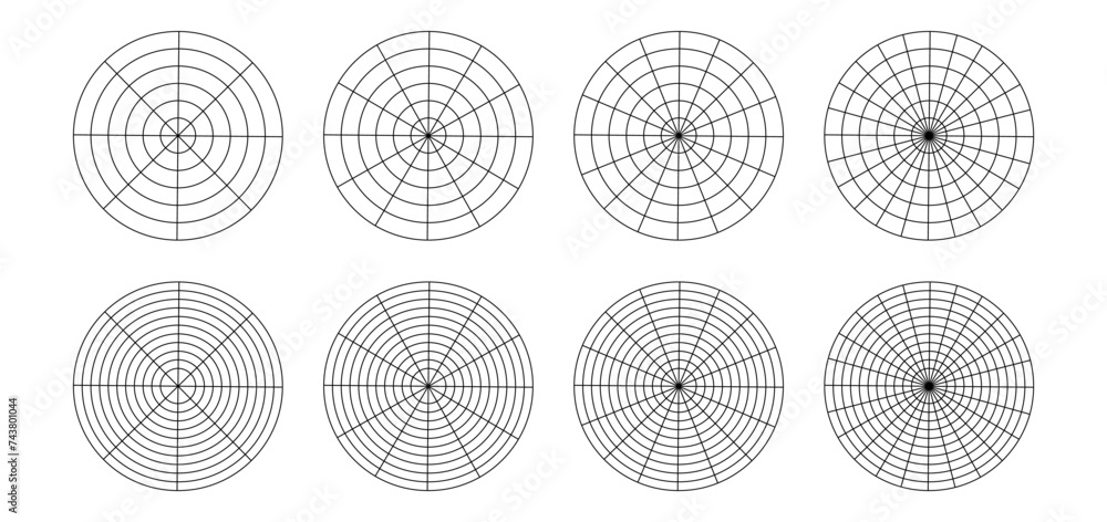 Polar grid divided into radial degree template isolated PNG. Polar coordinate circular grid set. Pie chart blank.