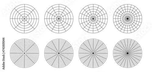 Polar grid divided into radial degree template isolated PNG. Polar coordinate circular grid set. Pie chart blank.