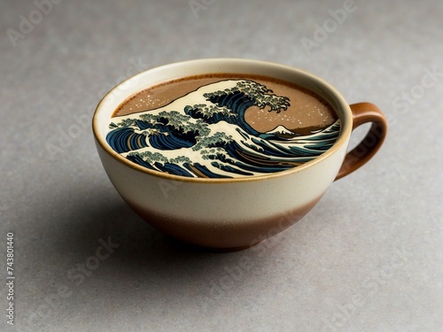 the great wave in cup of coffee, earth colors, Japanese culture and tradition