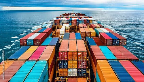 Fully loaded container ship at sea in vibrant blue ocean view with beautiful sky