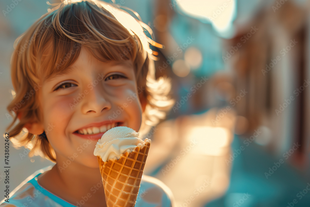Portrait of a smiling boy eating ice cream in a waffle cone on a warm sunny day Portrait of a smiling boy eating ice cream in a waffle cone on a warm sunny day