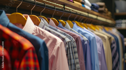 A Rack Of Men's Shirts Hanging On A Rail In Front